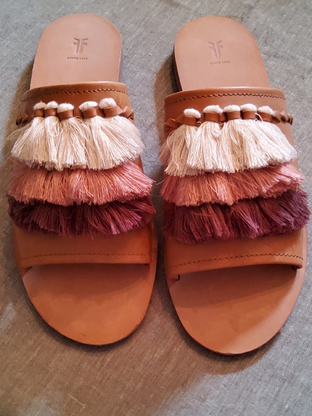Frye Women's Tan Slide Sandals with Cream, Pink & Burgundy Tassels